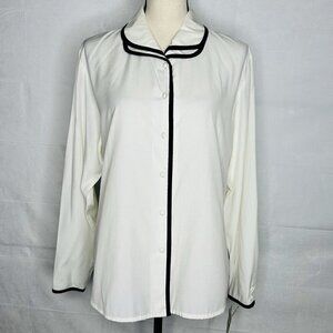Vintage Susan Bristol Button-Down Blouse Shirt Sz 14 Ivory with Black Trim NWT